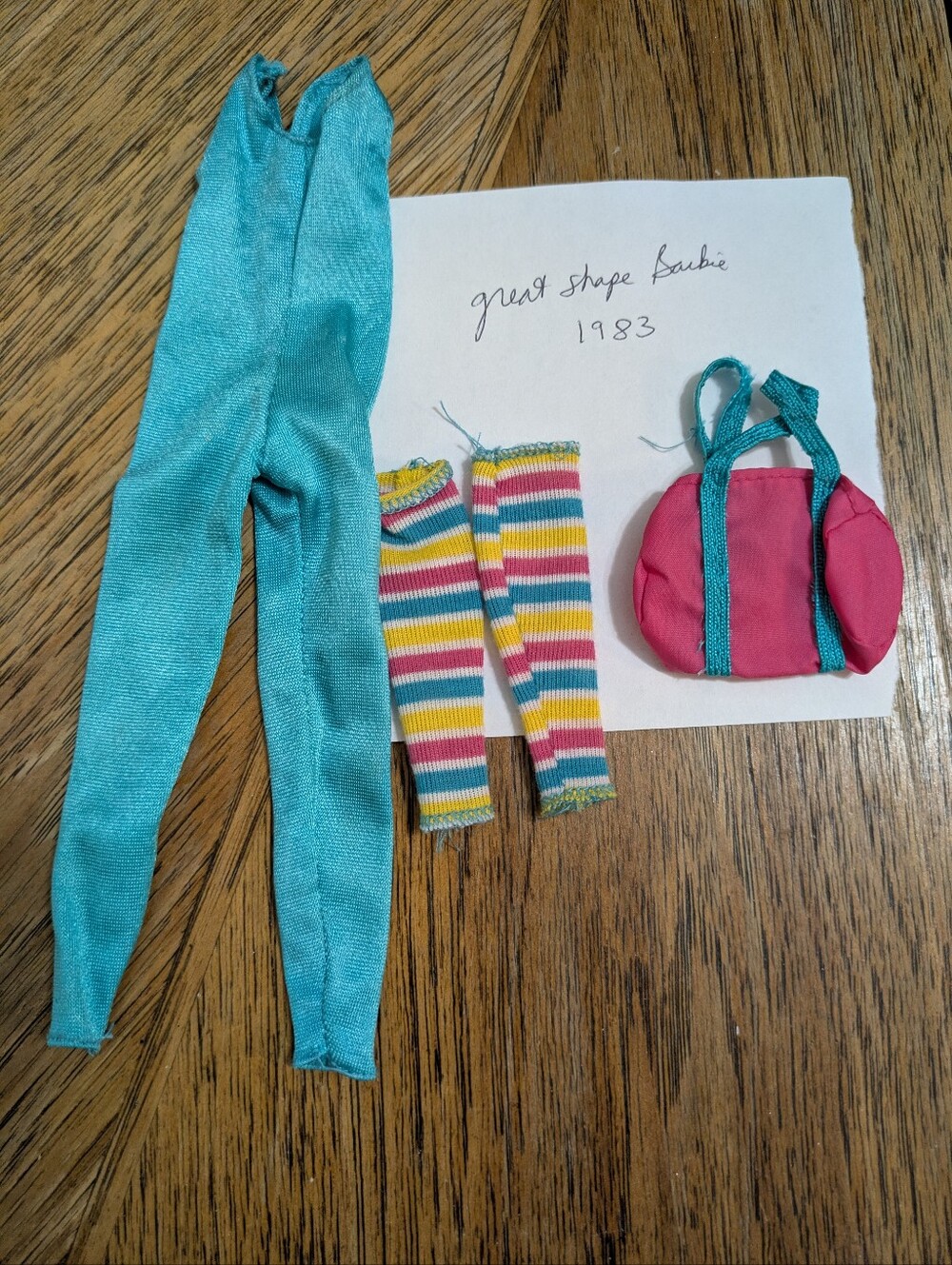 Barbie Vintage 1983 Great shape Unitard, Striped Leggings and Pink Gym Bag